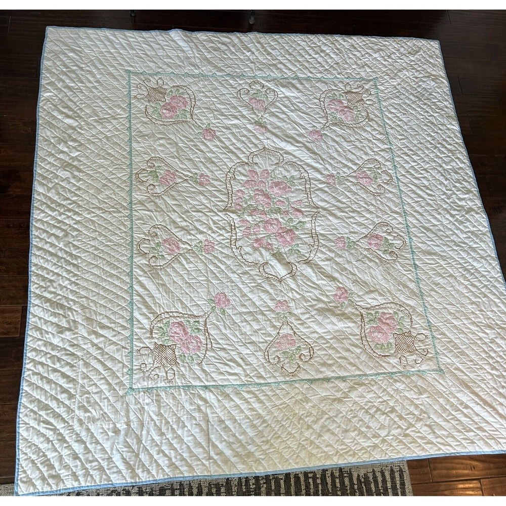 Vintage Quilt Cross Stitch Queen Double Floral Blanket Pink White 86 x 83 Read
